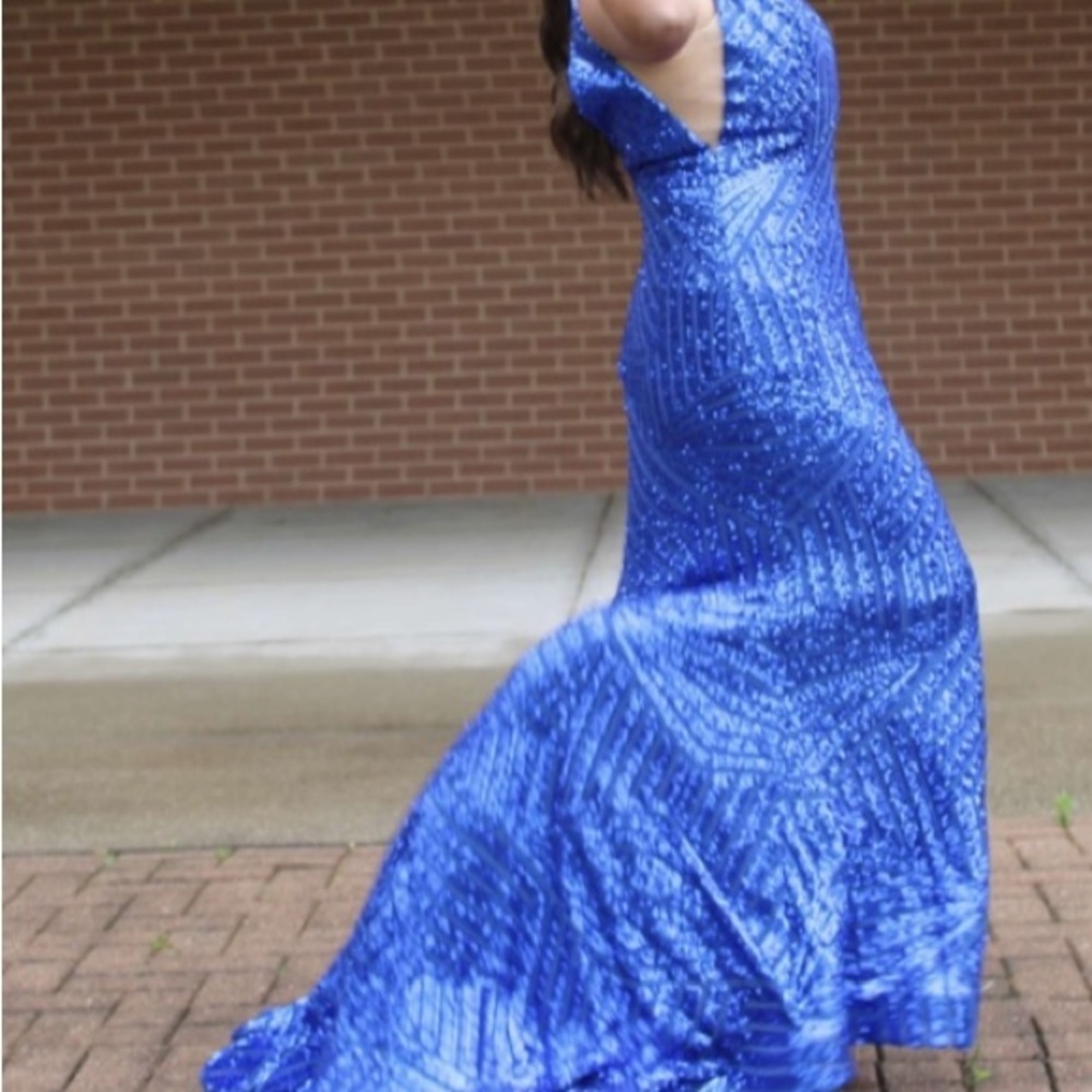 Mia Vega Royal Blue Sequin Hi Low Evening Prom Formal Gown Dress Sz 16 Like New - Picture 10 of 13